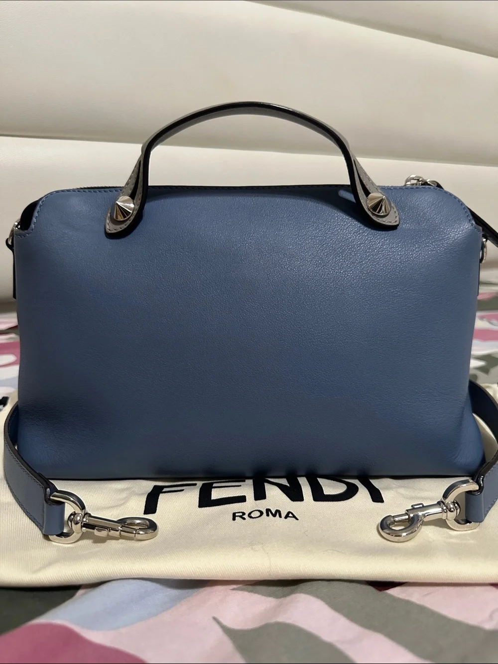 Fendi Blue Leather Satchel with Tan Accent